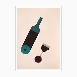 Gio Bellagio, Weinglas und Flasche von oben gesehen, 2023, Acryl auf Aquarellpapier