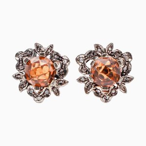 9 Karat Rose Gold and Silver Stud Earrings with Topazs and Diamonds, Set of 2