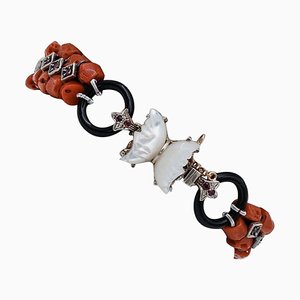 9 Karat Rose Gold and Silver Bracelet with Coral and Rubies