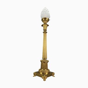French Bronze and Frosted Glass Fluted Column Table Lamp, 1920s