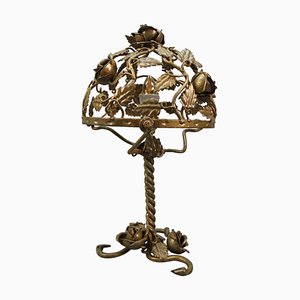 Lámpara de mesa francesa Roses de metal dorado, años 50