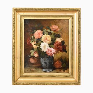 Louis Émile Minet, Vase de Roses, 1880, Huile sur Toile, Encadrée