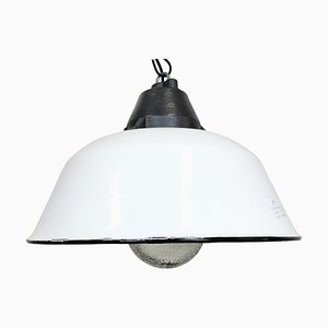 Industrial White Enamel and Cast Iron Pendant Light with Glass Cover, 1960s