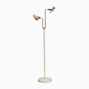 White-Pearl Lacquered Metal and Brass Halogen Floor Lamp, Italy, 1980s