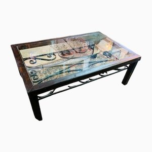 Mid-Century Spanish Rustic Wrought Iron, Wood and Crystal Coffee Table
