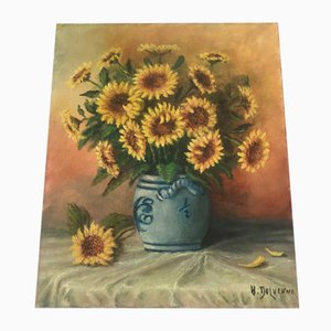 Girasoles en un jarrón de cerámica, Pintura al óleo sobre lienzo