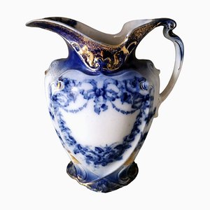 English Victorian Style White, Blue and Gold Porcelain Pitcher, 1880s