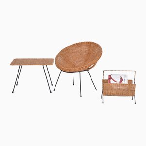 Mid-Century Italian Rattan Bowl Chair with Side Table and Magazine Rack, 1950s, Set of 3