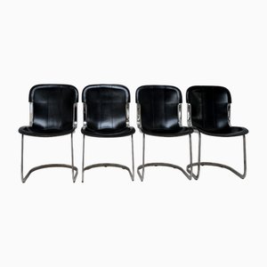 Dining Room Chairs in Chrome and Black Leather, Italy, 1970s, Set of 4