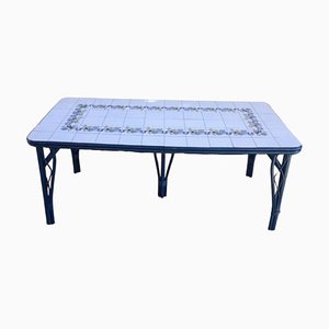 Vintage Spanish Hand-Painted Porcelain Dining Table with Blue Bamboo Legs from Manises