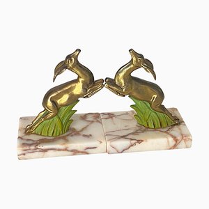 Art Deco Brown Antelopes Book Ends in Marble and Brass, France, 1940, Set of 2