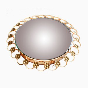 Round Illuminated Wall Mirror with Gilded Iron Rings and Flowers, 1960s