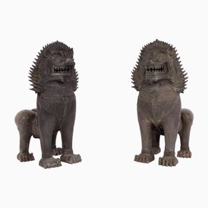 Early 20th Century Singha Temple Guardian Lions in Bronze, 1920s, Set of 2