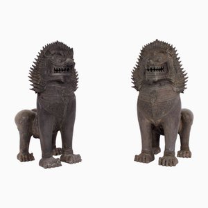 Lions Gardiens du Temple Singha Début du 20ème Siècle en Bronze, 1920s, Set de 2