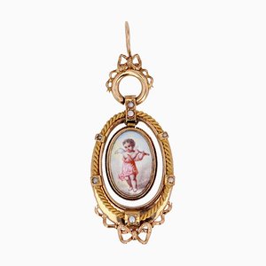 French Miniature Fine Pearl 18K Rose Gold Pendant, 19th Century