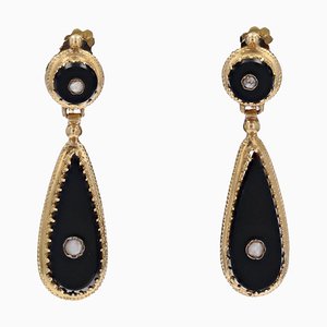 Boucles d'Oreilles Pendantes Perles Fines, Onyx et Or Jaune 18 Carats, 19ème Siècle, Set de 2