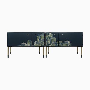 Comodini Mid-Century moderni blu notte con decorazione Cityscape, set di 2