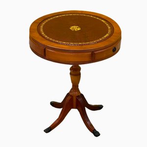 Regency Hand-Crafted Red Leather Drum Side End Table with Drawers