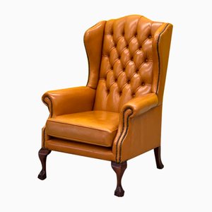English Leather Buttoned Back Wing Armchair