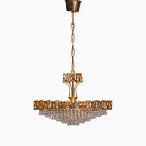 Lustre en Laiton Plaqué Or avec Cristaux Facettés de Palwa, Allemagne, 1970s