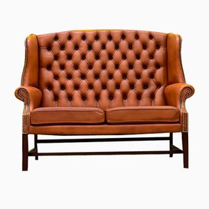 Georgian English Tufted Leather Chesterfield Wingback Two Seater Sofa