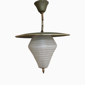 Deutsche Mid-Century Deckenlampe in Laternenform mit grün lackierten Metallteilen, 1950er