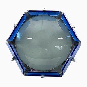Large Hexagonal Ceiling Lamp in Blue Glass and Chrome from Veca, Italy, 1970s