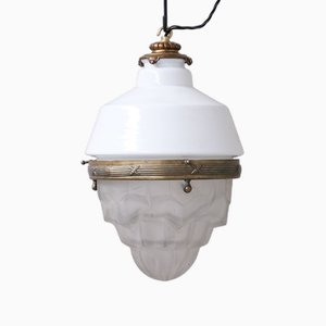 Antique French Glass and Brass Pendant Light