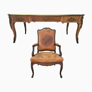 Louis XVI Office Set with Walnut & Bronce Finials and Gold Edges Desk with Leather Armrest, Set of 2