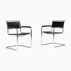 S34 Cantilever Chairs in Black Leather and Chrome by Mart Stam for Thonet, Germany, 1970s, Set of 2