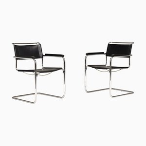 Set of S34 Cantilever Chairs in Black Leather and Chrome by Mart Stam for Thonet, Germany, 1970s