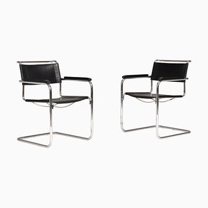 Sillas Cantilever S34 de cuero negro y cromo de Mart Stam para Thonet, Alemania, años 70. Juego de 2