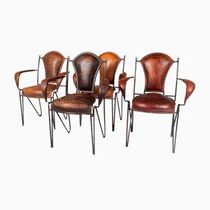 French Iron Frame with Stitched Leather Armchairs by Charlotte Perriand & Jacques Adnet, 1950s, Set of 4