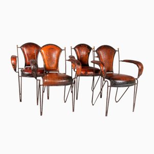 Französische Esszimmerstühle aus Leder mit Nähten von Charlotte Perriand & Jacques Adnet, 1950er, 4er Set
