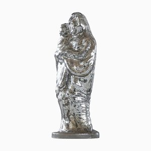 Large Early 20th Century Patinated Mercury Glass Madonna with Child Sculpture