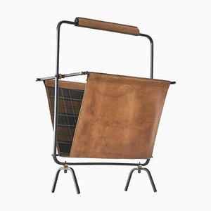Mid-Century Magazine Rack in Patinated Cognac Leather, Brass and Metal, 1940s
