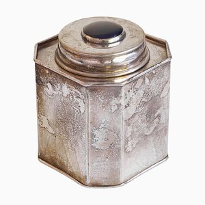 Silver Plated Octagonal Tea Caddy with Lapis Lazuli Coloured Detail, 1940s