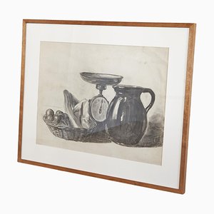 Anton Pieck, Stilleben Küchenszene mit Waage, Bleistiftzeichnung, 1940er, Gerahmt