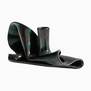 Freeform Metallic Glazed Folded Studio Pottery Candleholder, 1930s