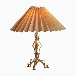 Art Nouveau Table Lamp in Patinated Brass with Plissé Shade, 1930s
