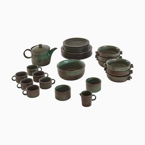 Mid-Century Modern Dinnerware Set in Green and Brown Glaze, 1950s, Set of 30