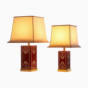 Hollywood Regency French Red Lacquer Pagoda Table Lamps by Jean Claude Mahey, 1970s, Set of 2