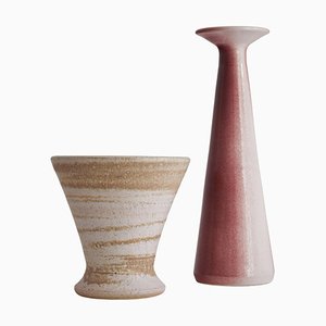 Mid-Century Pink Conical Vase and Beige Pottery Vase, 1950s, Set of 2