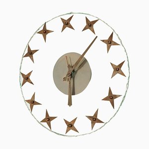 Art Deco Wall Clock in Rough Edged Glass with Brass Stars, 1940s