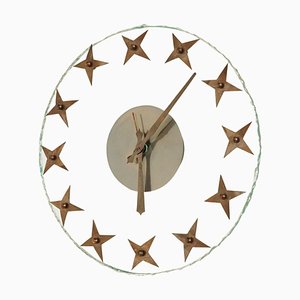 Horloge Murale Art Déco en Verre à Bords Rugueux avec Étoiles en Laiton, 1940s