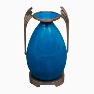 Art Deco Crackle Vase mit geometrischem Metallrahmen