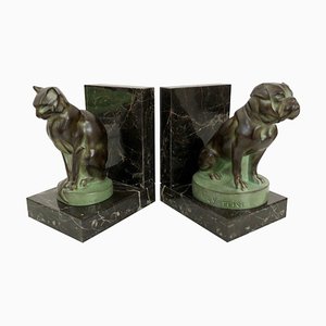 Cane e gatto fermalibri Spelter su base in marmo di Max Le Verrier, Francia, 2023, set di 2