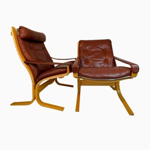 Sedie Siësta in legno e pelle di Ingmar Relling per Westnofa, Norvegia, anni '60, set di 2