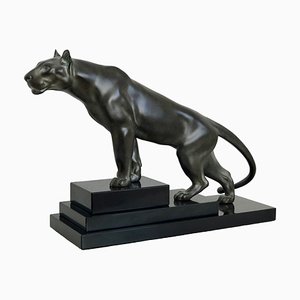 Max Le Verrier, Art Deco Style Jungle Panther Sculpture, 2020s, Spelter & Marble