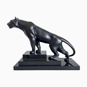 Max Le Verrier, Black Panther Skulptur im Art Deco Stil, 2020er, Spelter & Marmor